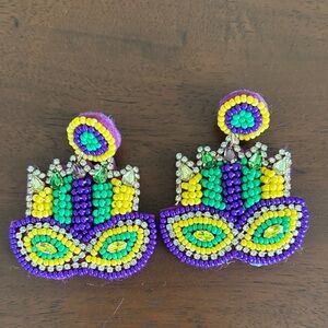 Beaded Mardi Gras Mask Drop Earrings - Purple, Green & Yellow